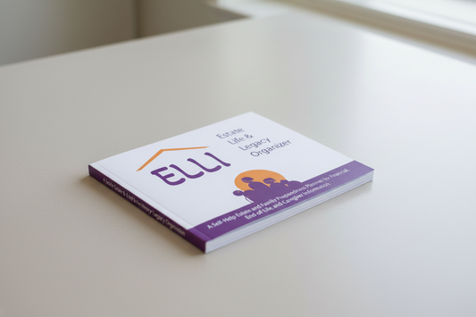 Book titled 'Estate Life & Legacy Organizer' by ELLI on a white background